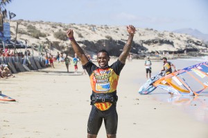 The first moments back on the beach after winning an elimination at Sotavento (Pic: Carter/PWA)