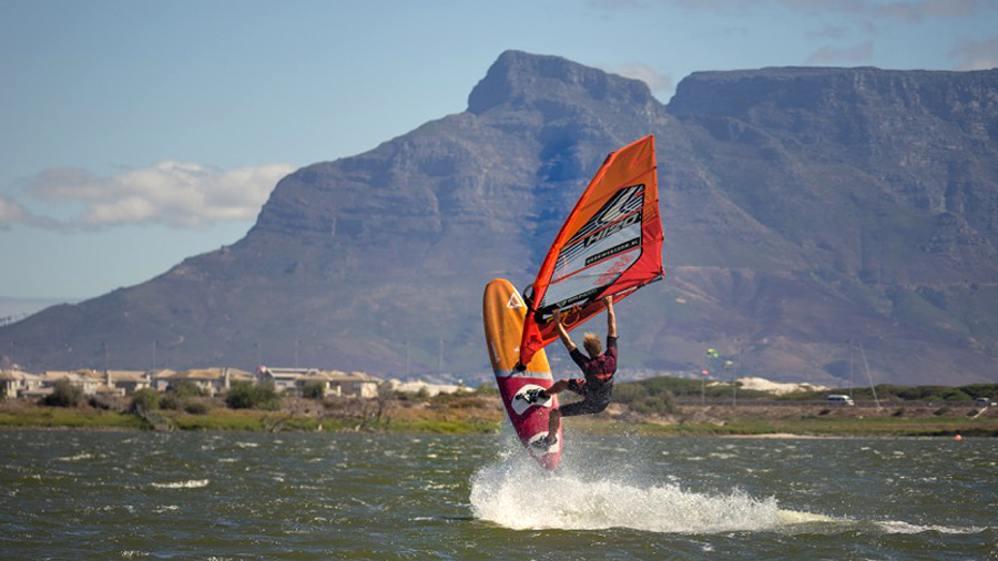 Rick Jendrusch testing a new freestyle board at Cape Town (Pic: Max Matissek)
