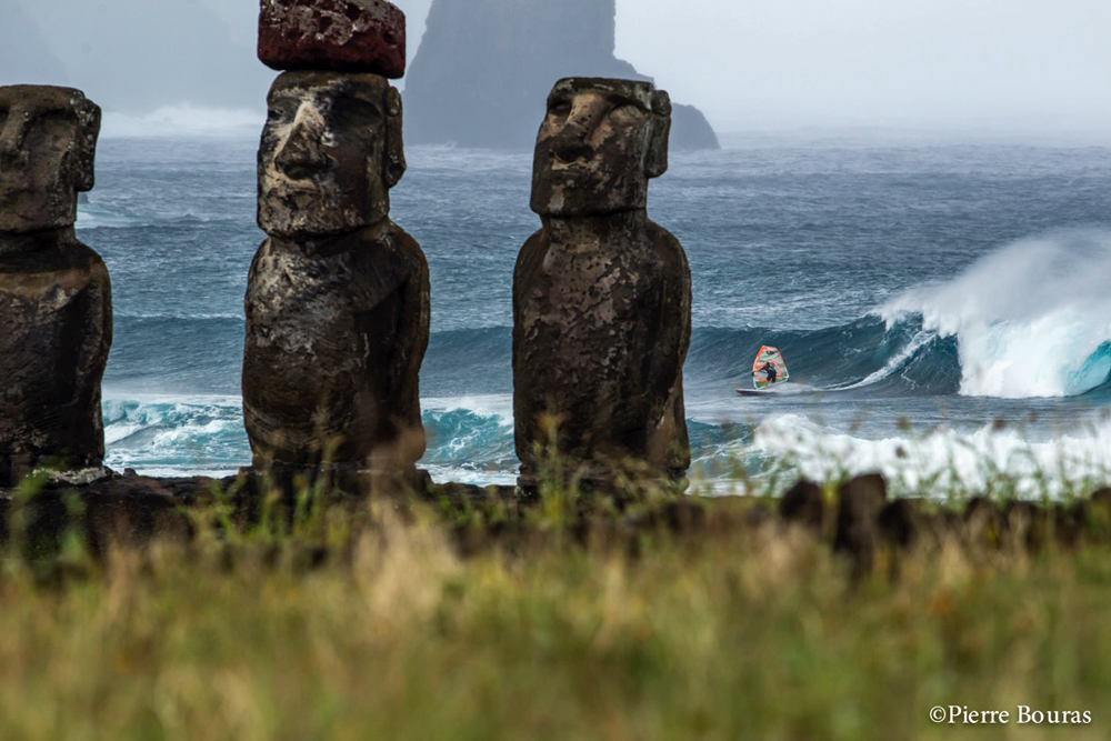 Manu Bouvet in the waves at Easter Island by Pierre Bouras