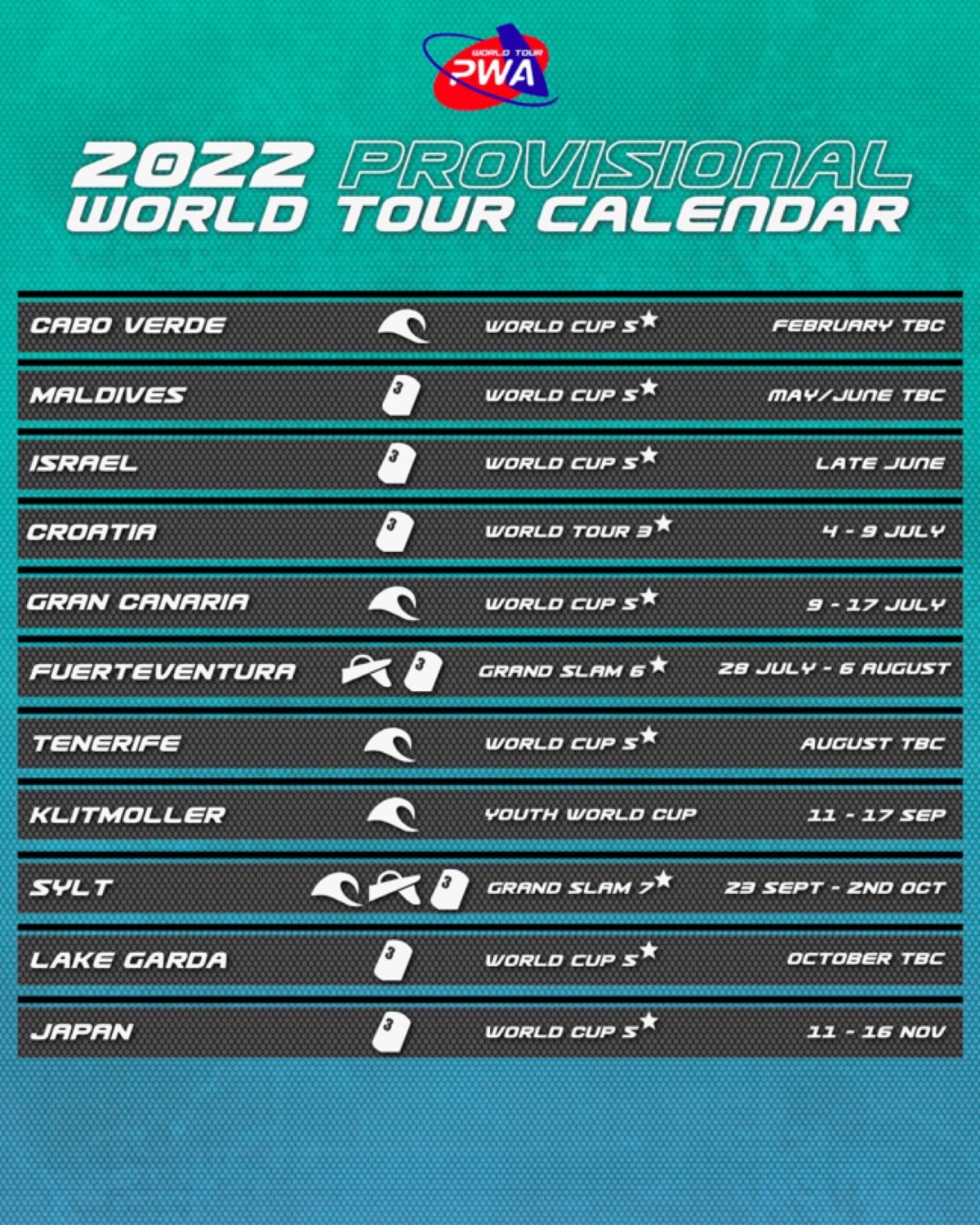 PWA World Tour calendar 2022